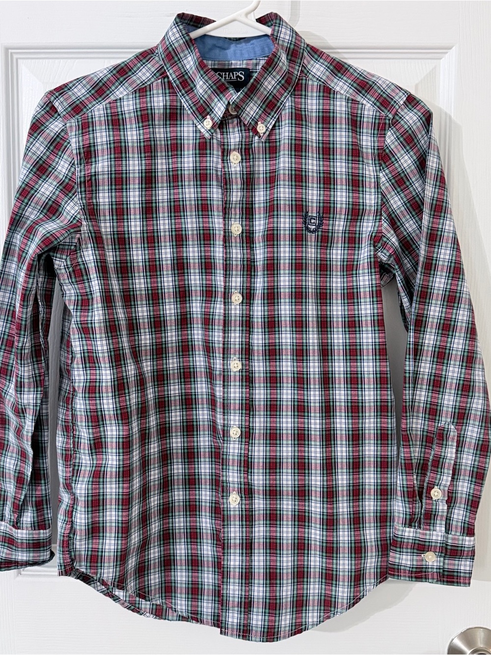 Chaps Boy’s Long-Sleeve Red & Green Plaid Button-Down Shirt